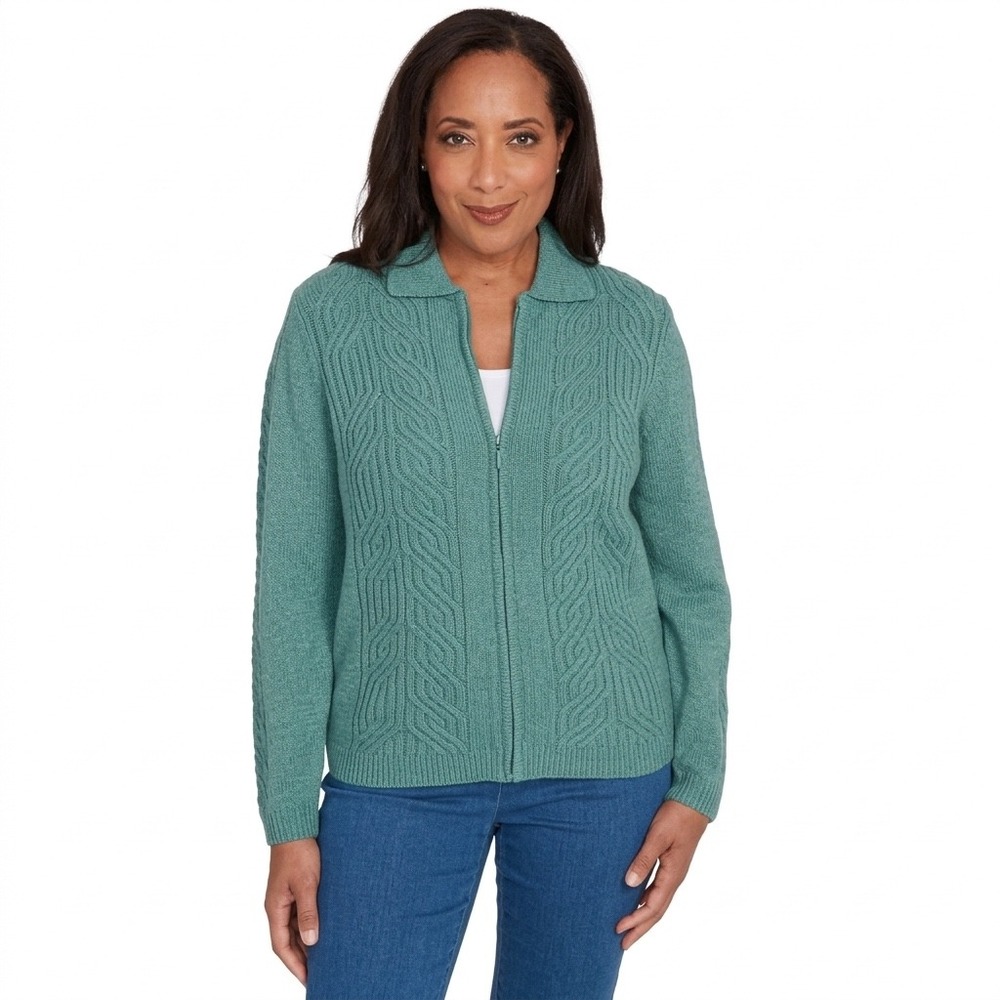 Alfred‎ Dunner Teal Green Chenille Cable Knit Full Zip Cardigan Sweater Womens L